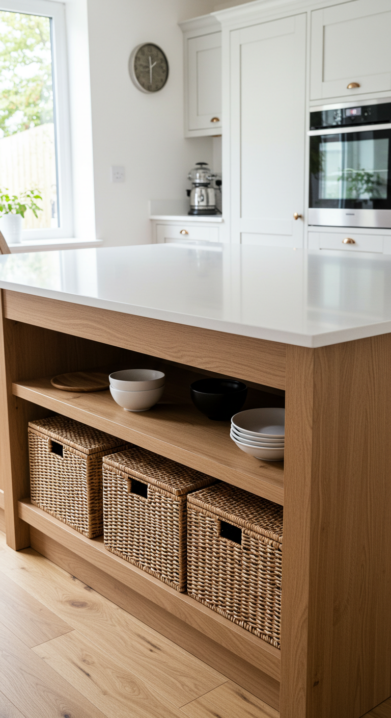 Kitchen Island with Wicker Baskets for Storage