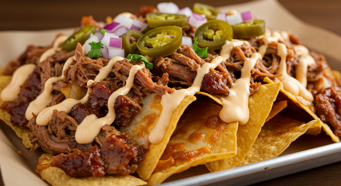 Loaded BBQ Nachos with Alabama White Sauce Drizzle