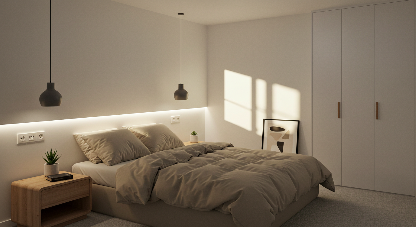 Minimalist Bedroom with Neutral Bedding and Warm Lighting