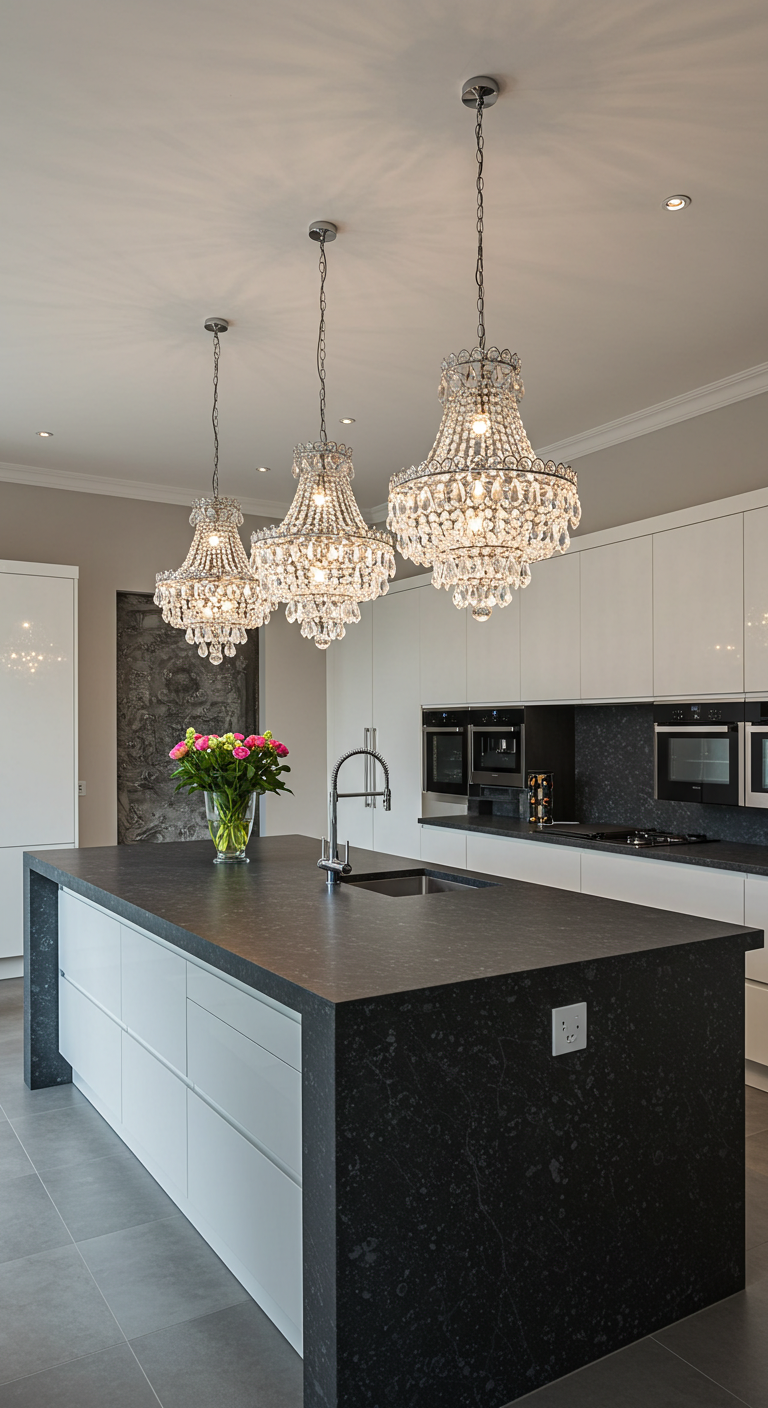 Oversized Kitchen Island with Chandeliers Above