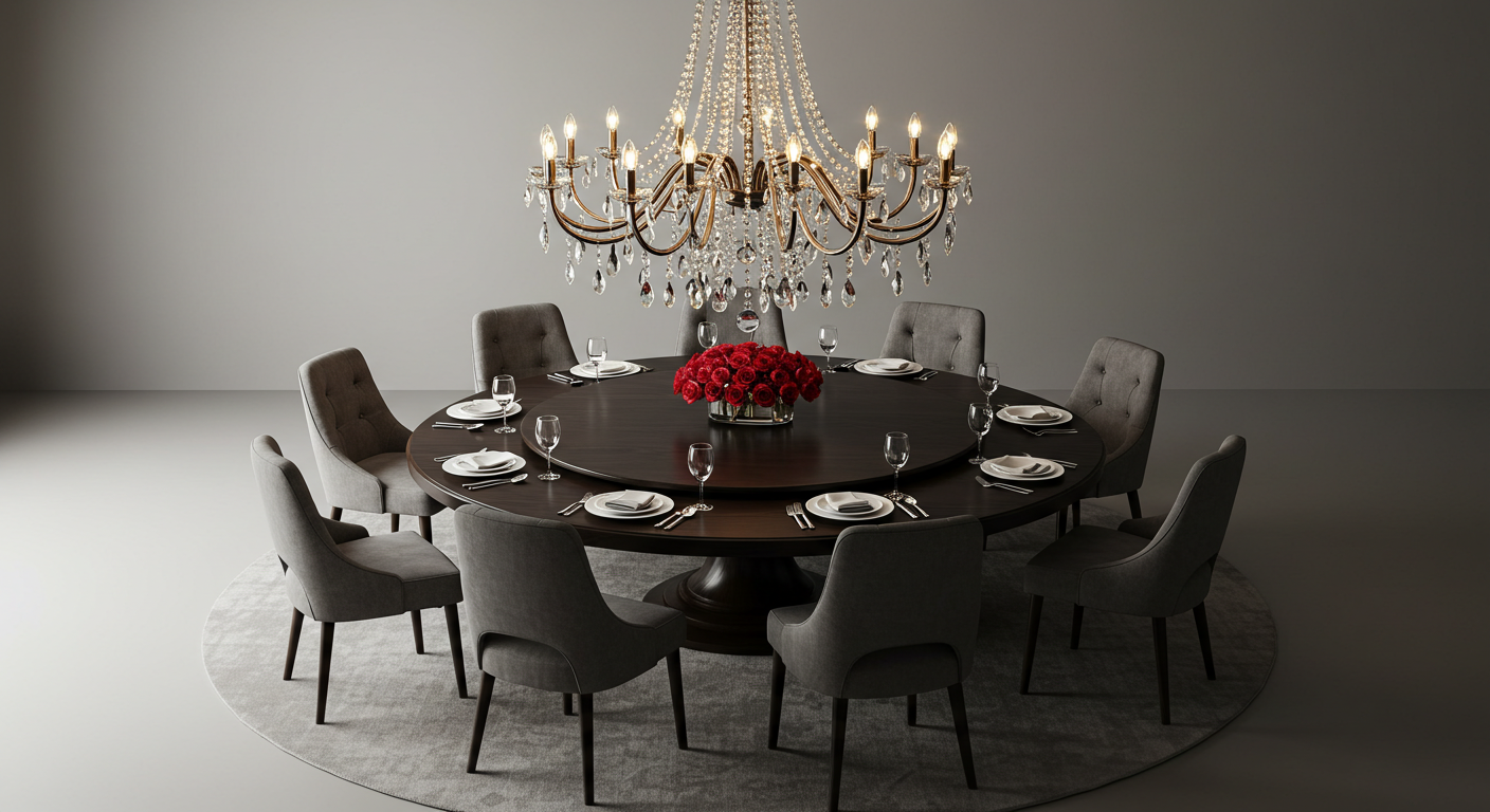 Round Dining Table with a Statement Chandelier