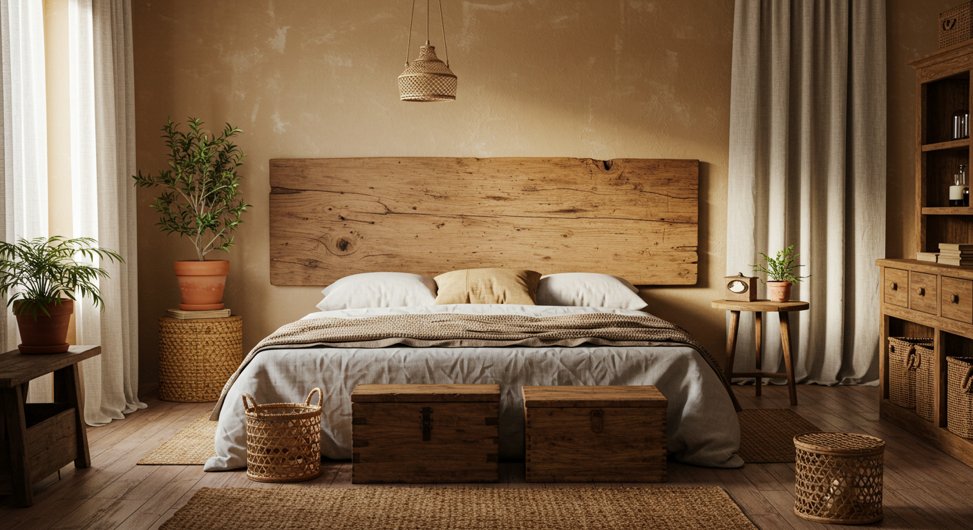 Rustic Wooden Headboard and Earthy Decor