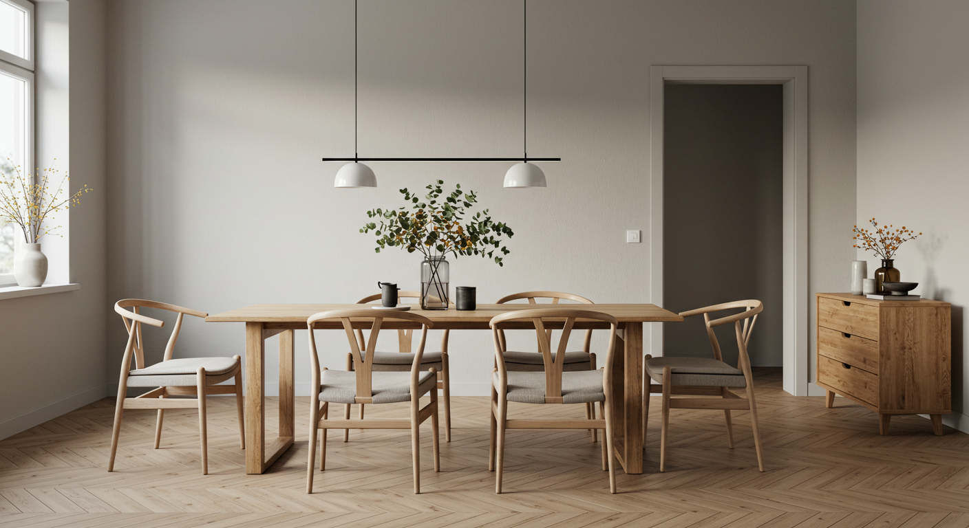 Scandinavian Dining Setup with Wooden Furniture
