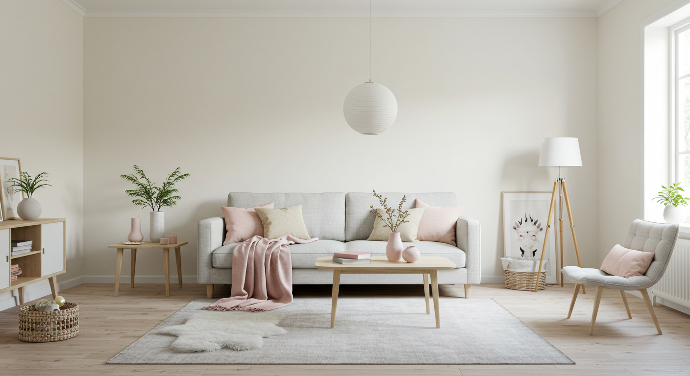 Scandinavian Living Room with White and Pastel Accents
