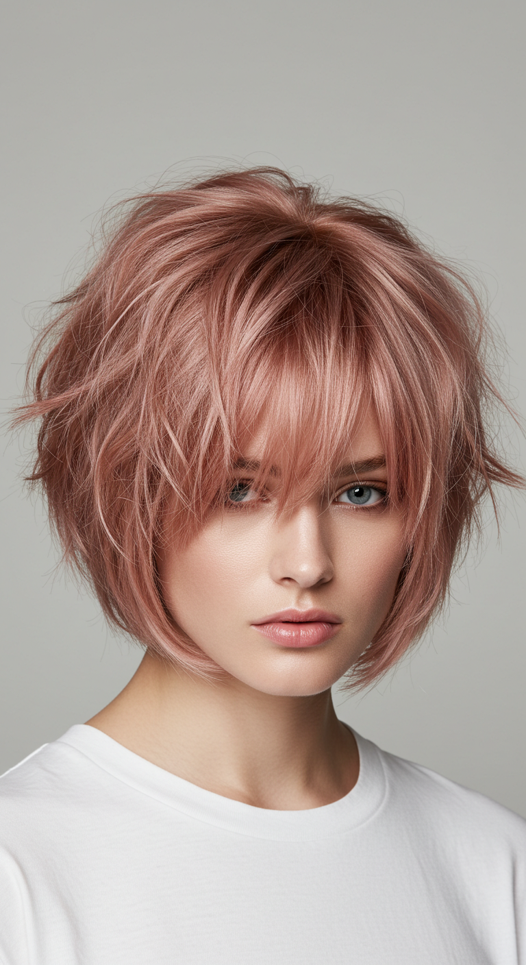 Shaggy Choppy Bob Hairstyle with Side-Swept Bangs for Fine Hair