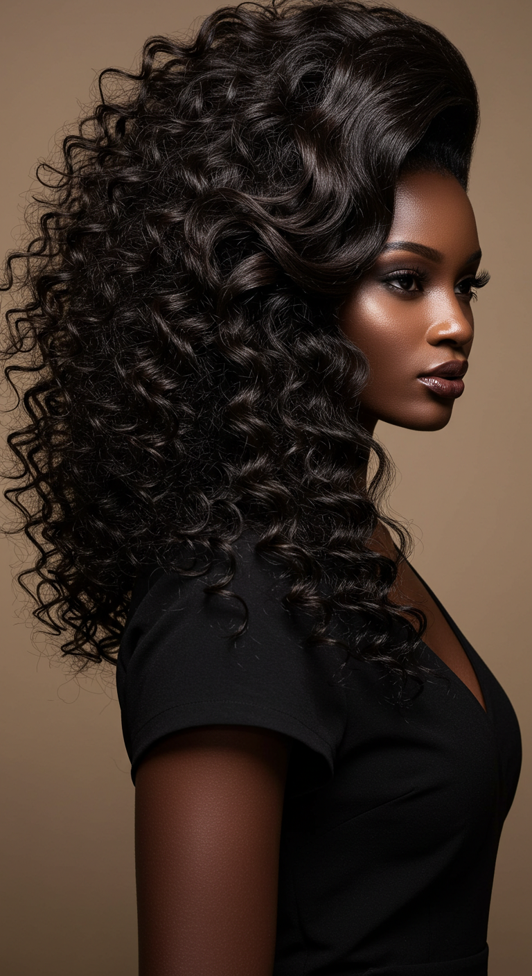 Side-Swept Curls Black Women Hairstyle