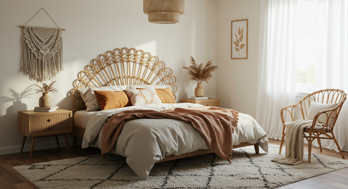 Soft Boho Bedroom with Rattan Furniture
