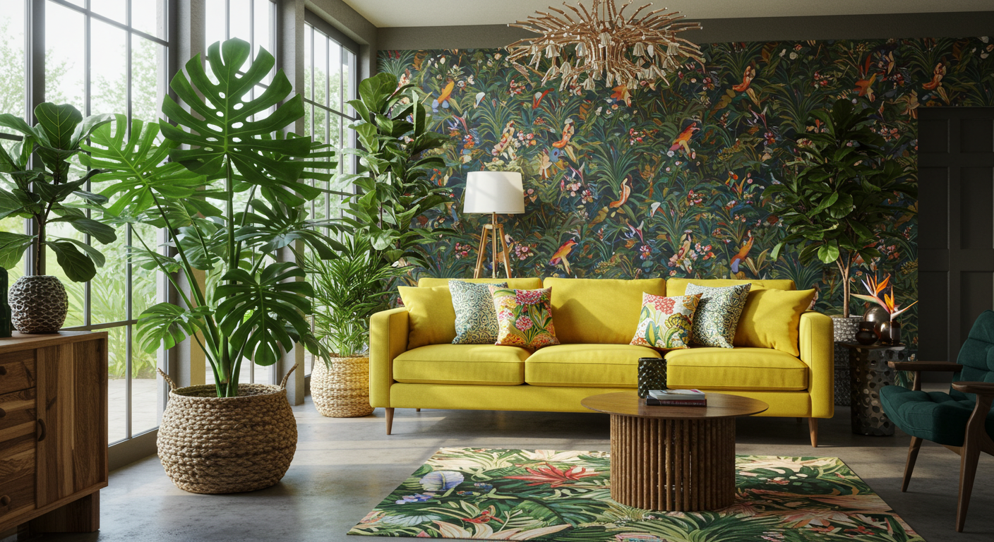 Vibrant Tropical Living Room with Large Leafy Plants