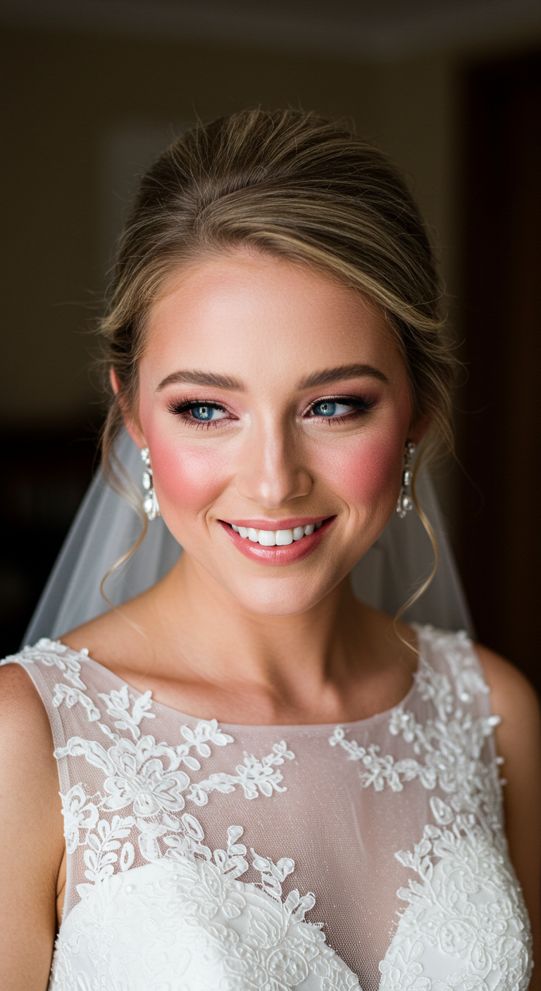 Blushing Bride with Flushed Cheeks and Light Pink Lip Gloss