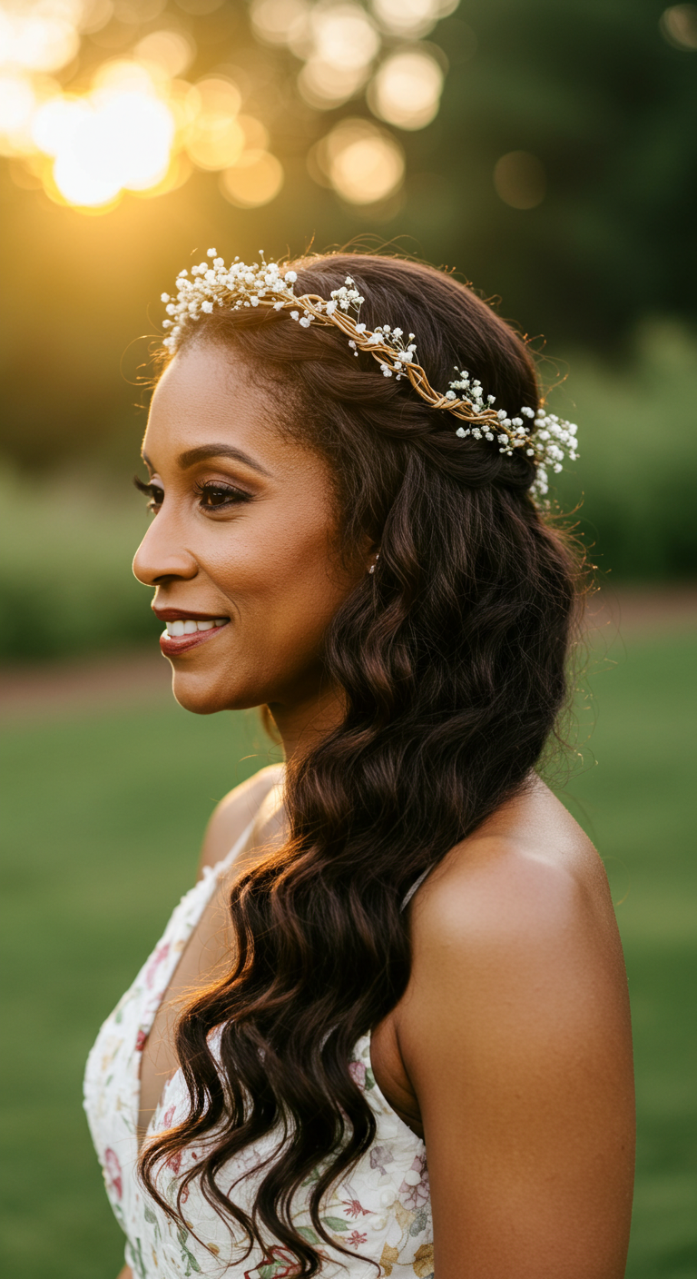 Bohemian Twisted Crown with Loose Waves – Wedding Hairstyles for Older Black Women