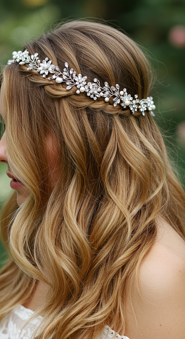 Braided Headband with Tousled Waves Hair Down Wedding Style