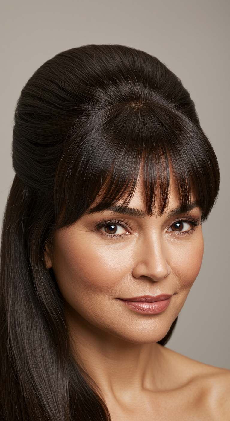 Classic French Roll with Side Bangs for Older Women with Long Hair