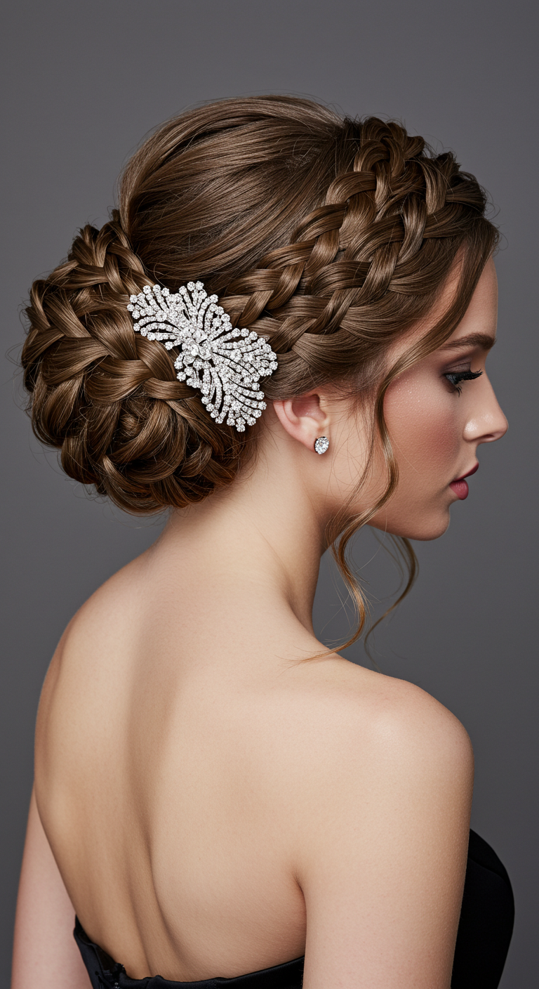 Classy Braided Updo Prom Hairstyle for Strapless Dresses