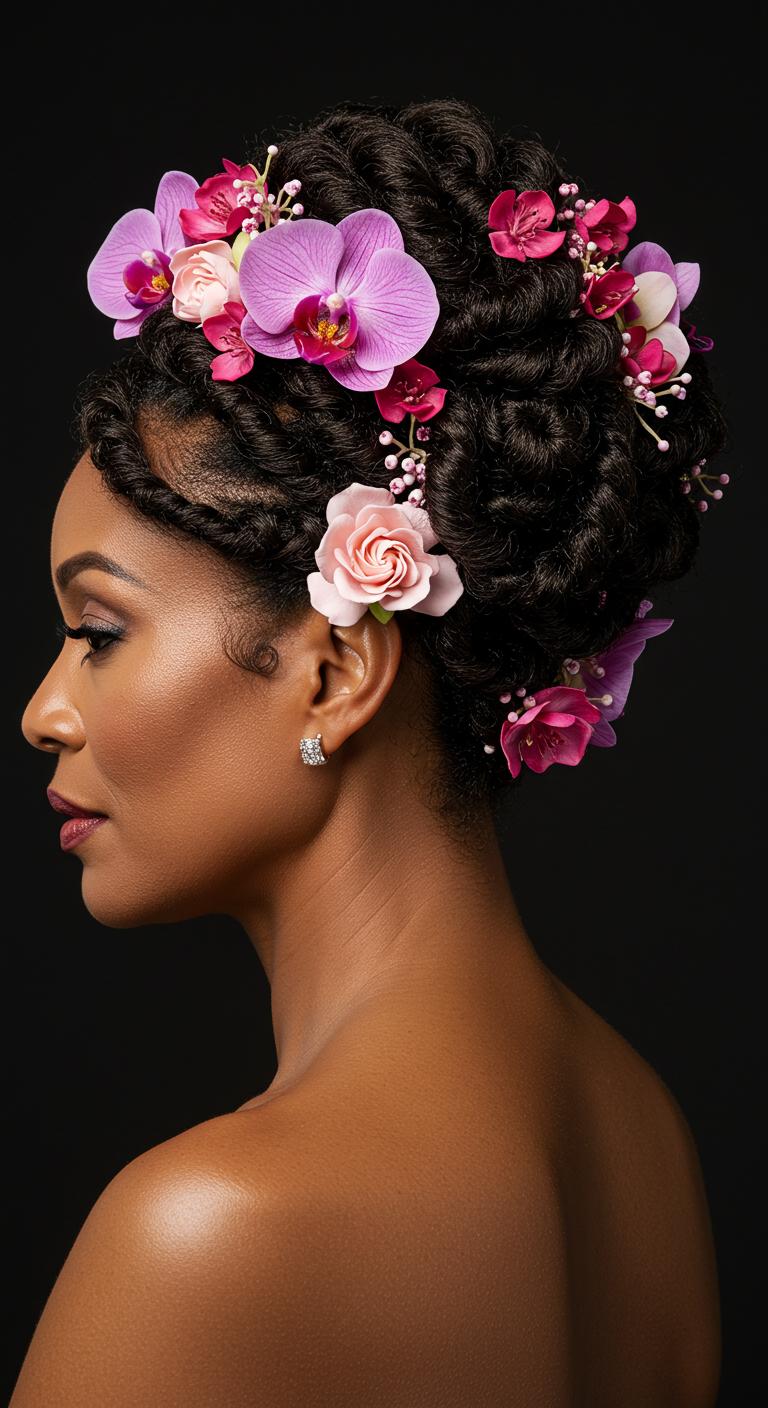 Coiled Updo with Delicate Floral Details – Wedding Hairstyles for Older Black Women