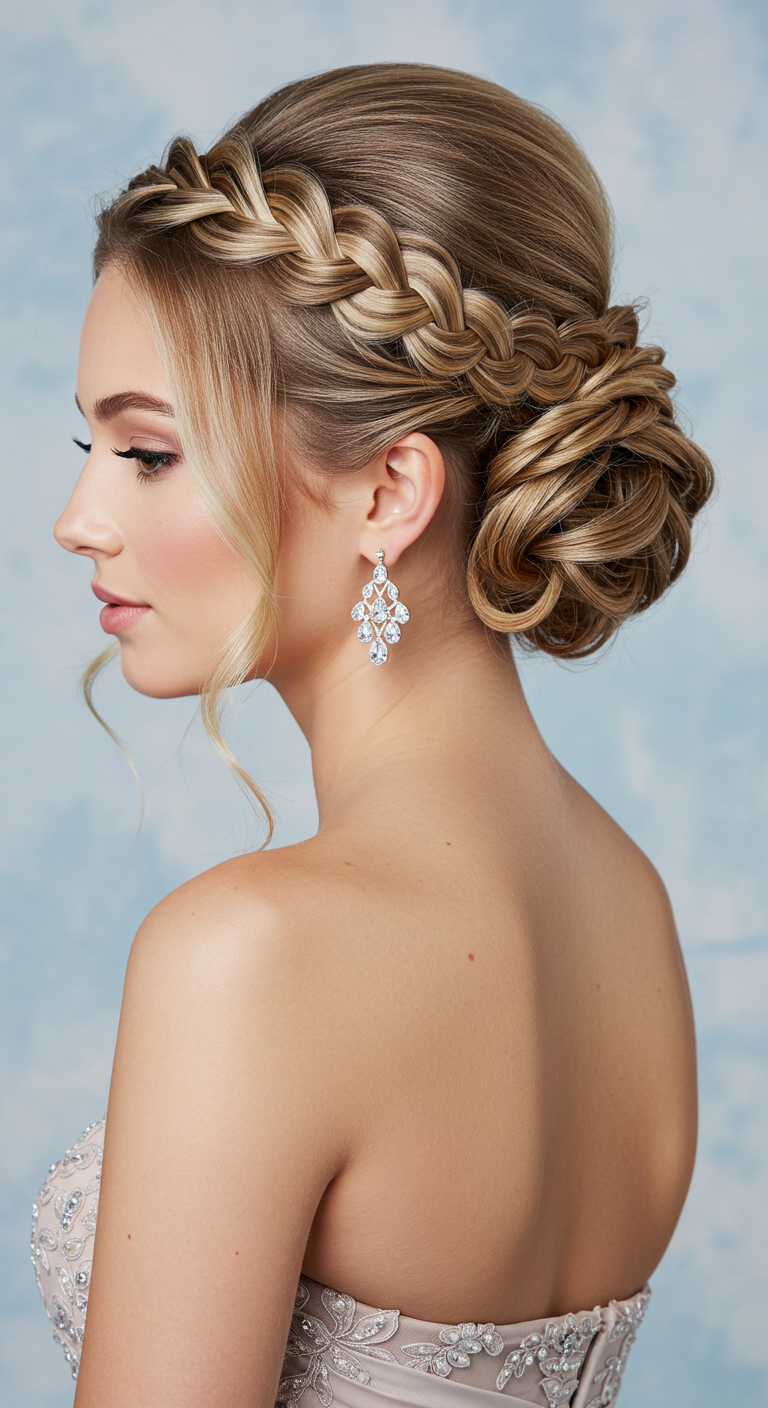 Dutch Braid Updo Prom Hairstyle for Strapless Dresses