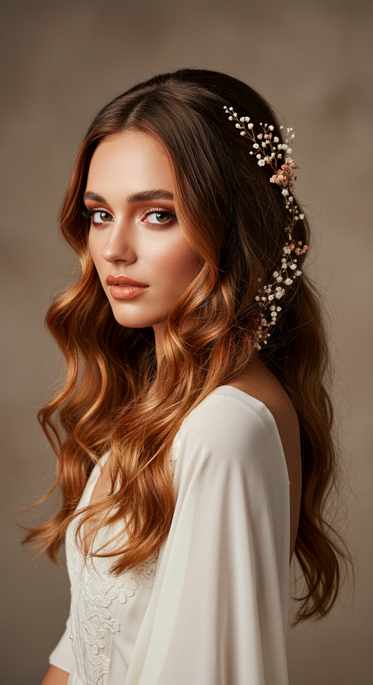 Earthy Glam Bride with Bronze Highlights and a Peachy Nude Lip
