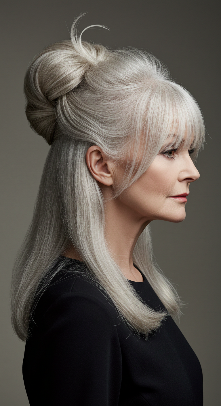 Elegant Updo with Soft Bangs for Older Women