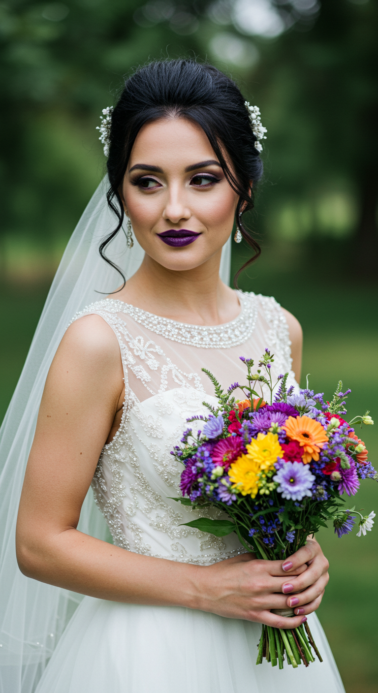 Enchanting Bride with Dark Violet Lipstick