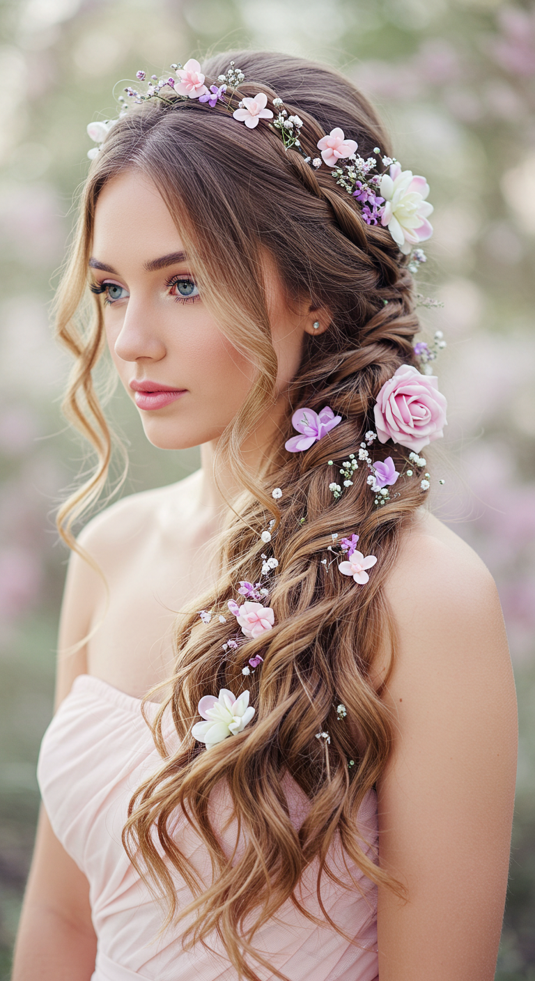Floral Embellished Prom Hairstyle for Strapless Dresses