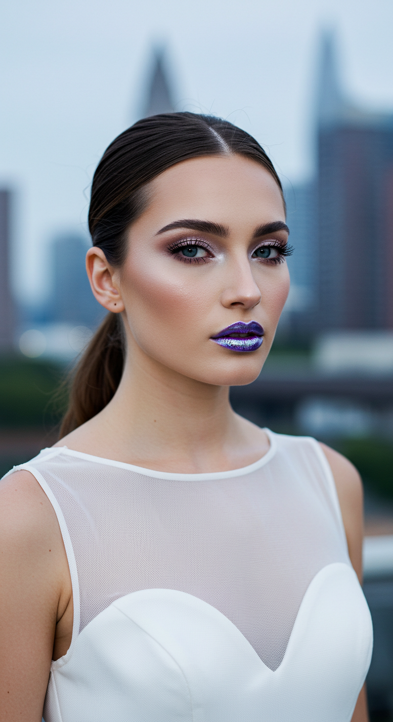 Futuristic Bride Wearing Holographic Purple Lipstick