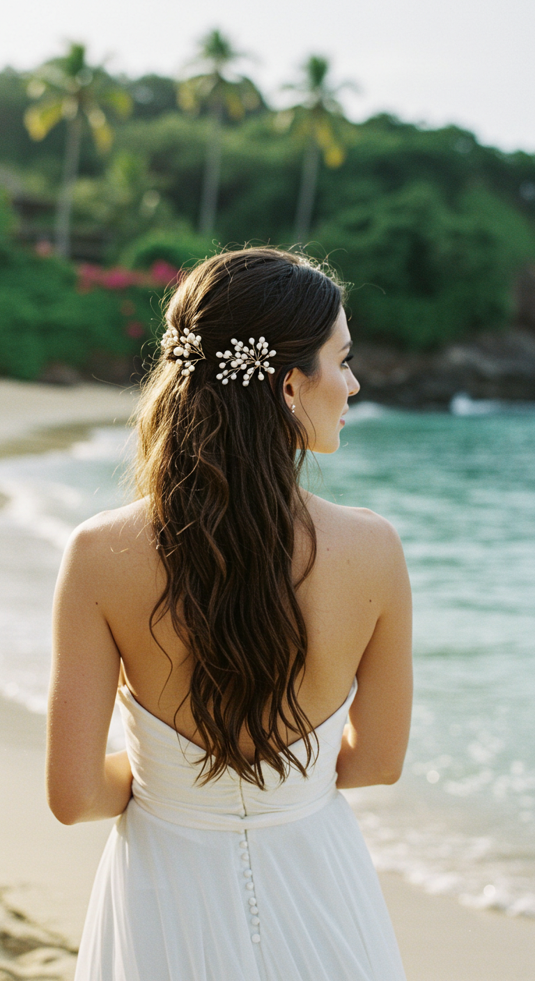 Gentle Waves with Pearl Hairpins Hair Down Wedding Look
