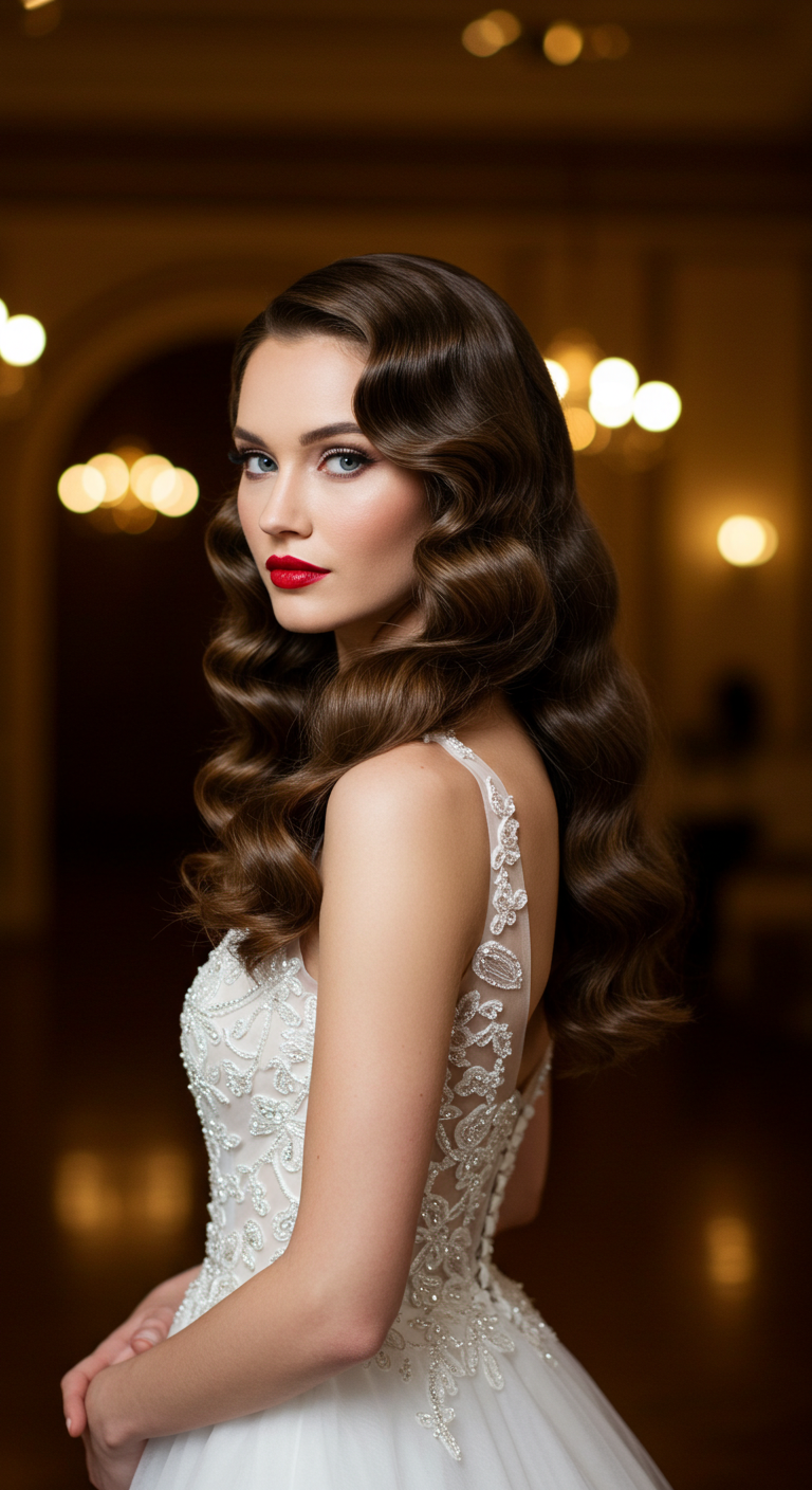 Glamorous Old Hollywood Side Part with Curls Hair Down Wedding Look
