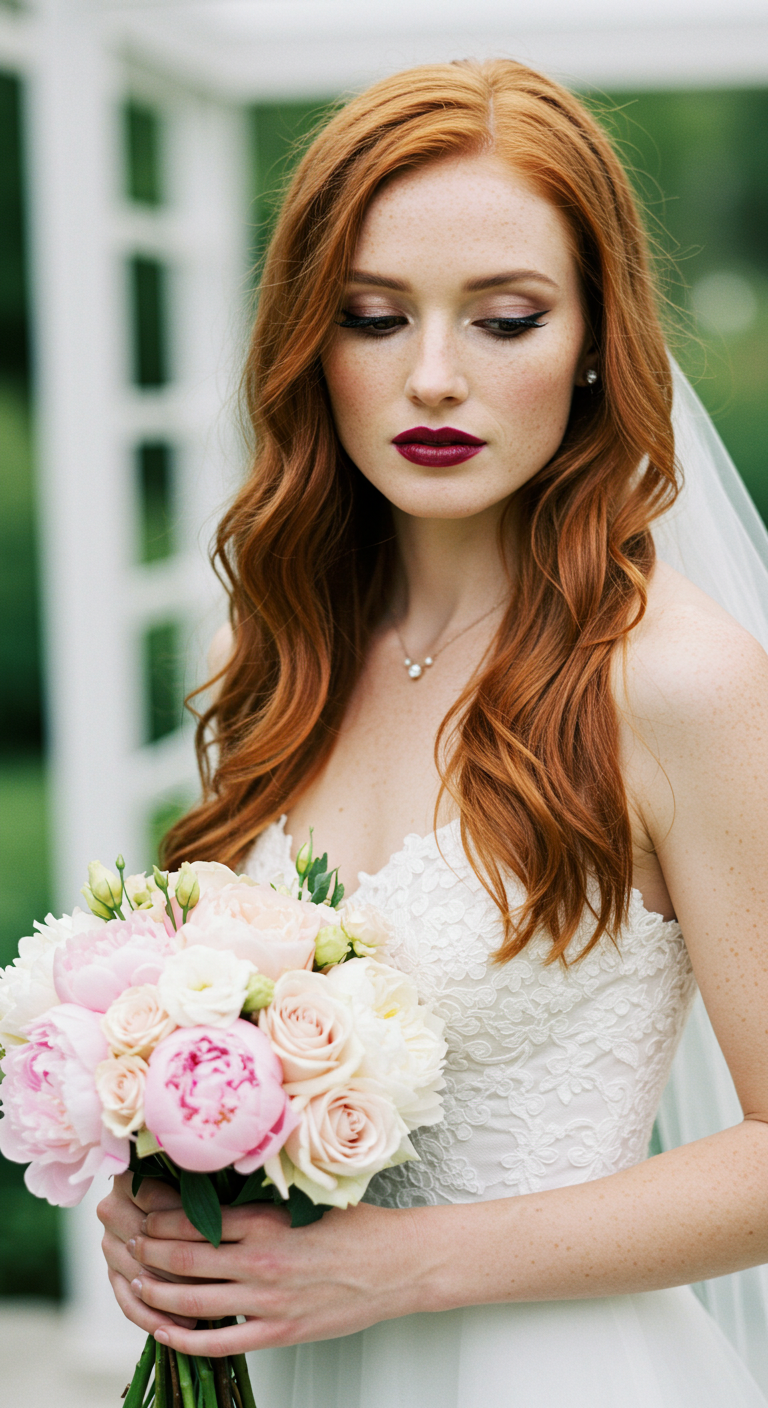 Graceful Bride Wearing Deep Crimson Lipstick