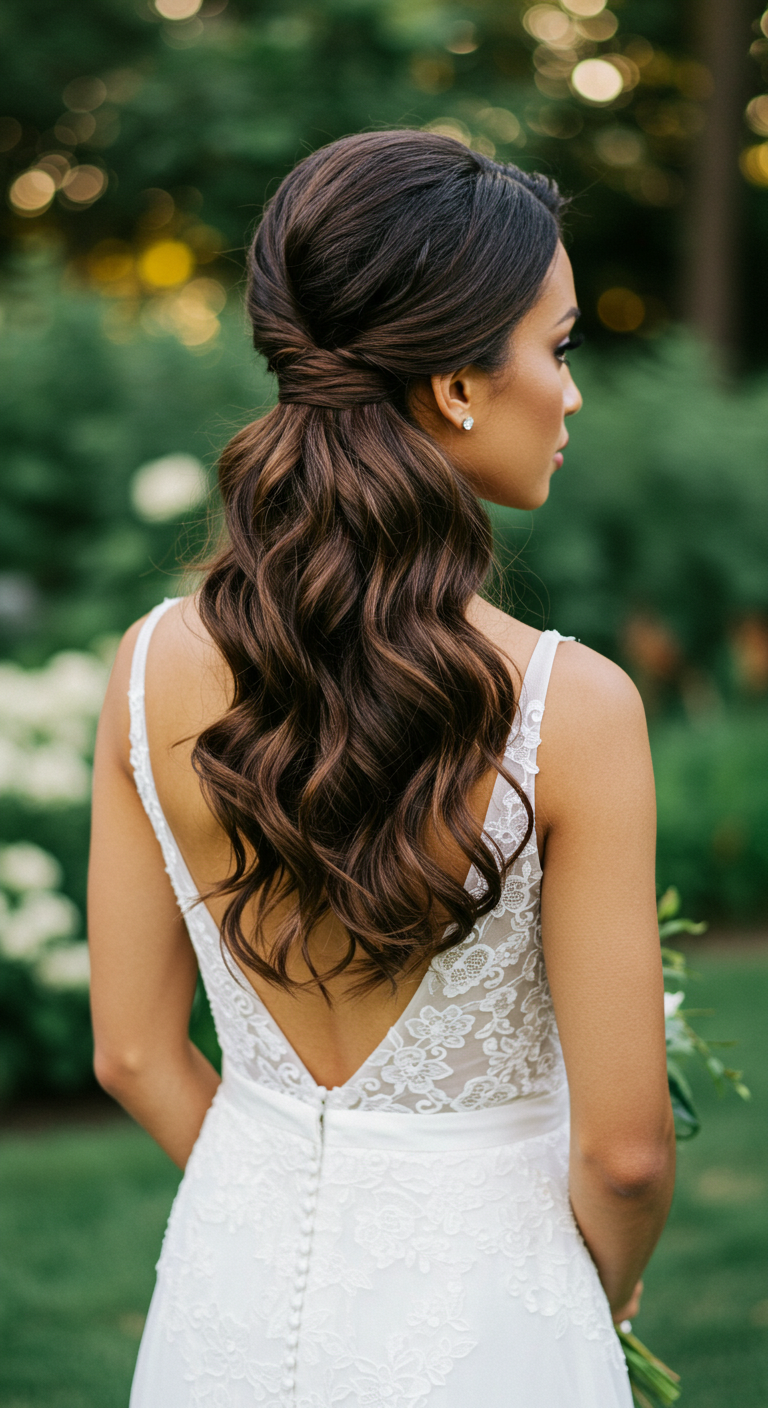 Half-Up Bubble Ponytail with Waves Hair Down Wedding Look