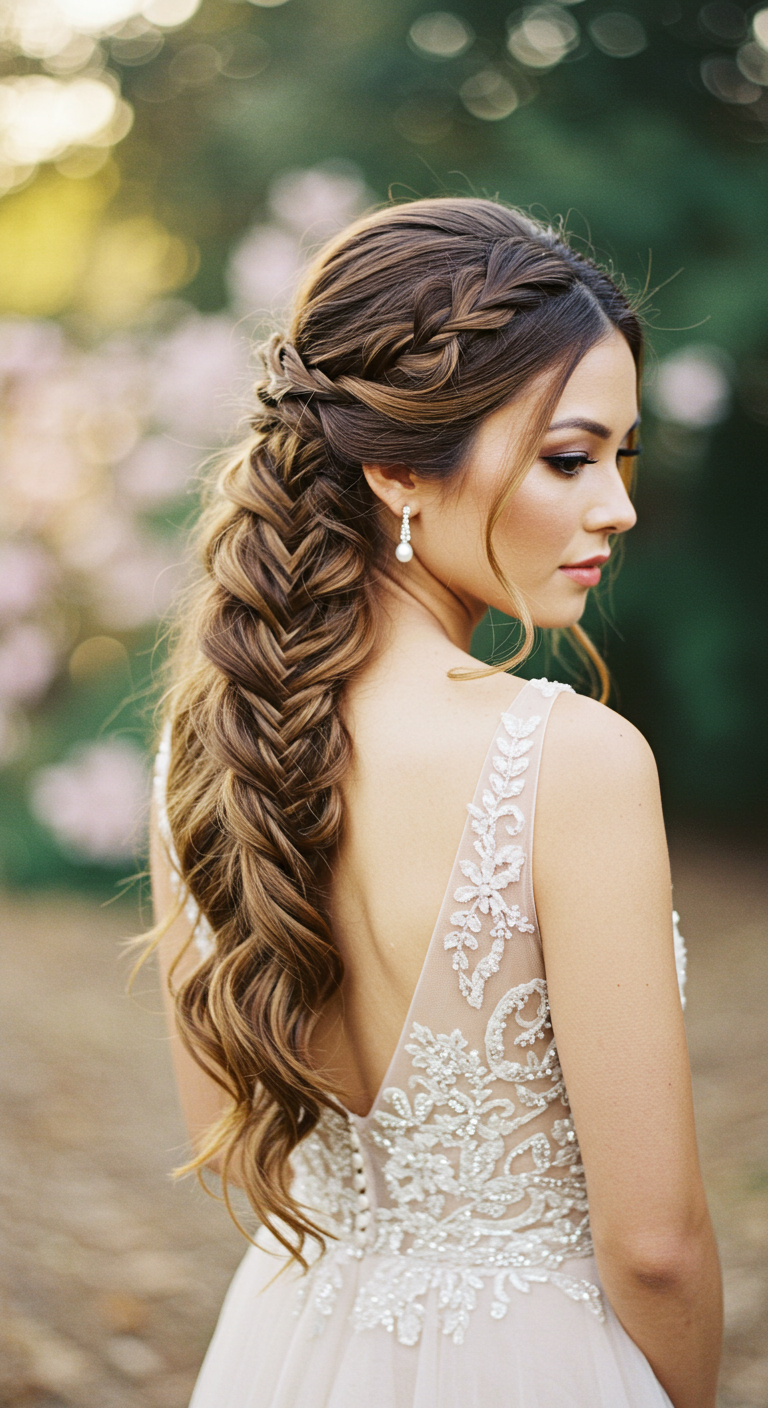 Half-Up Fishtail Braid with Waves Hair Down Wedding Look