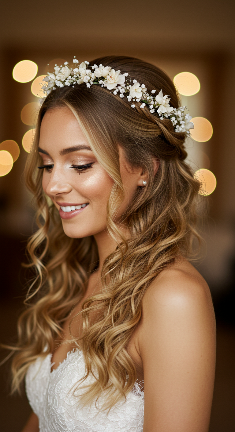 Half-Up Twisted Knot with Soft Curls Hair Down Wedding Look