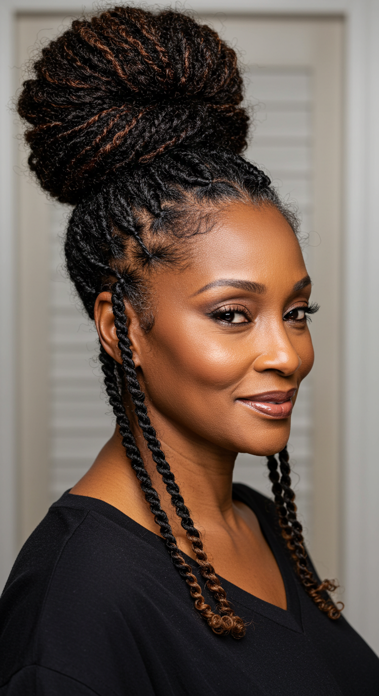 High Bun with Side Twists for Older Black Women