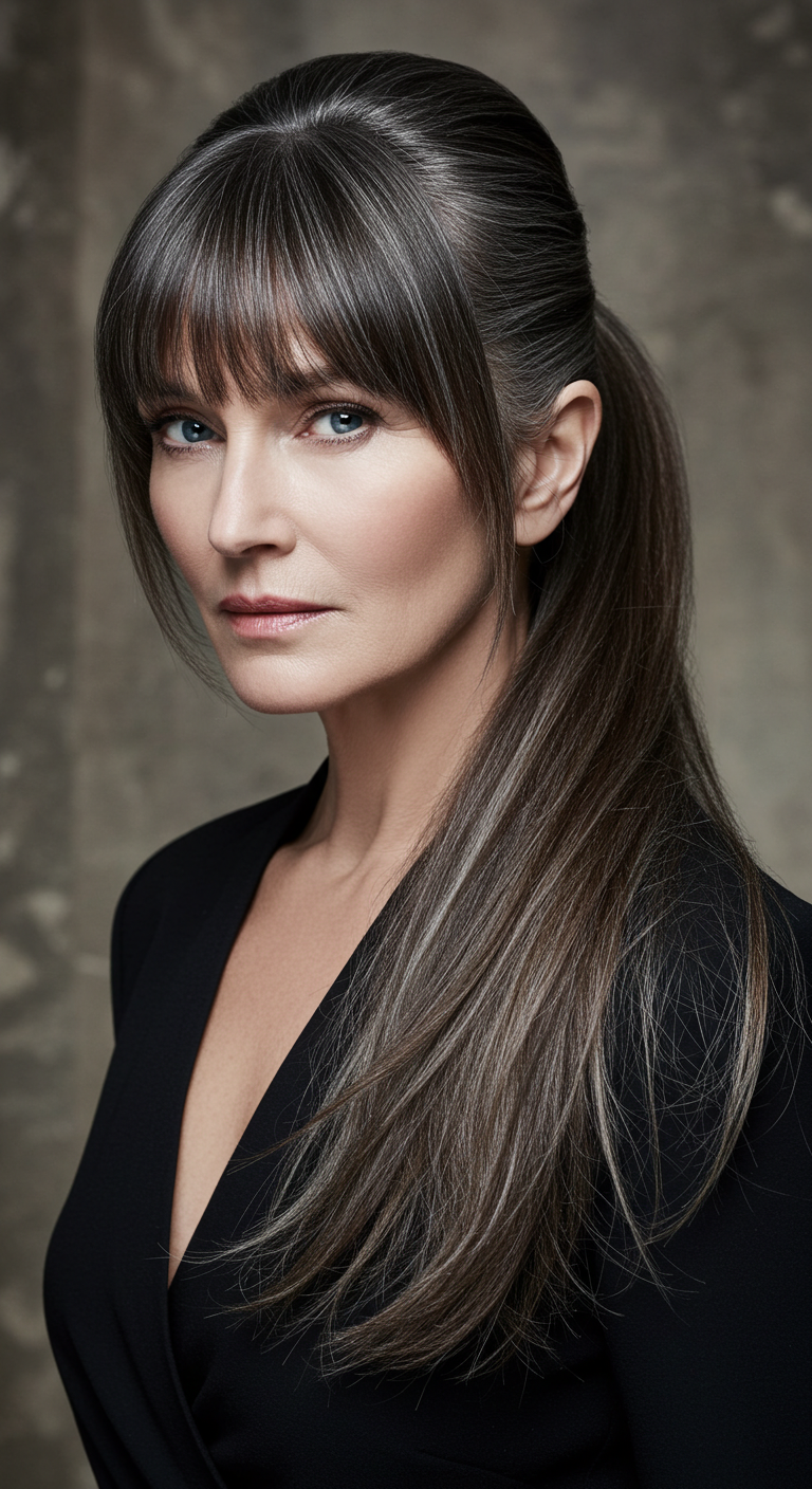 High Ponytail with Blunt Bangs for Older Women