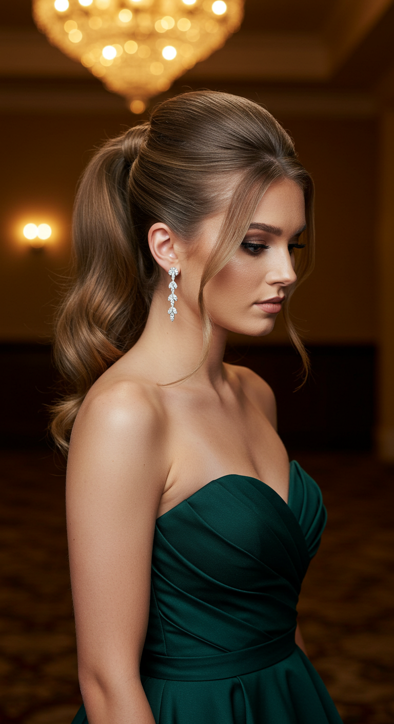 High Sleek Ponytail Prom Hairstyle for Strapless Dresses
