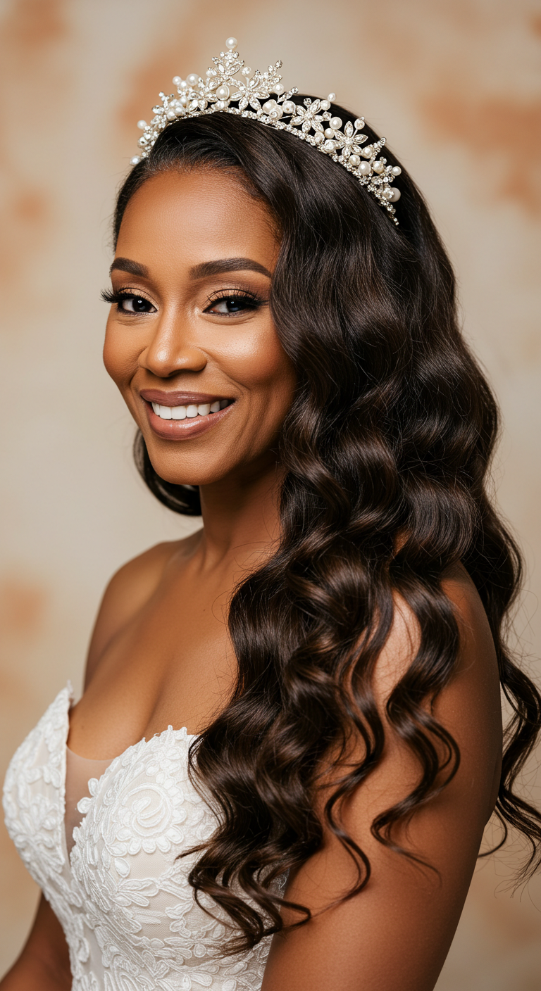 Layered Loose Curls with a Beaded Tiara – Wedding Hairstyles for Older Black Women