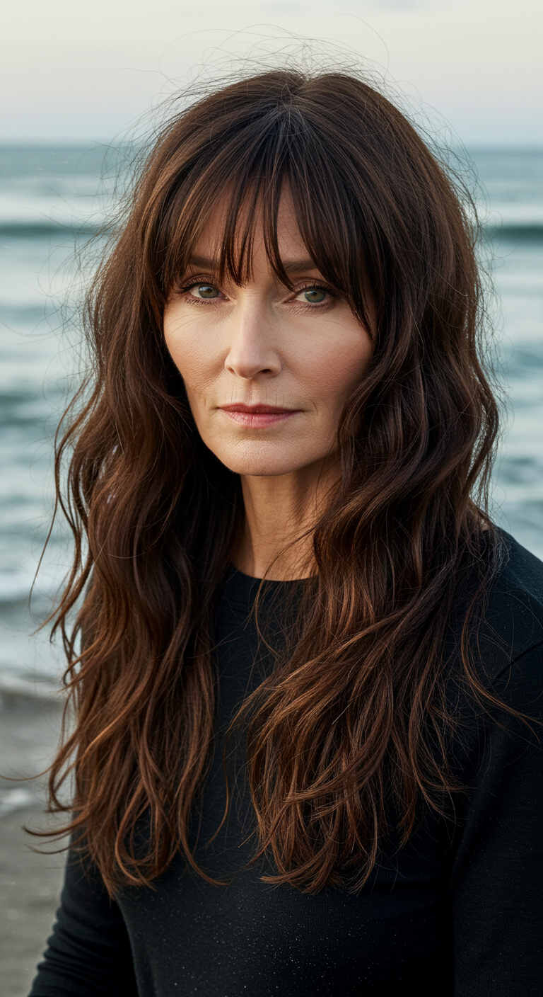 Long Beach Waves with Bangs for Older Women