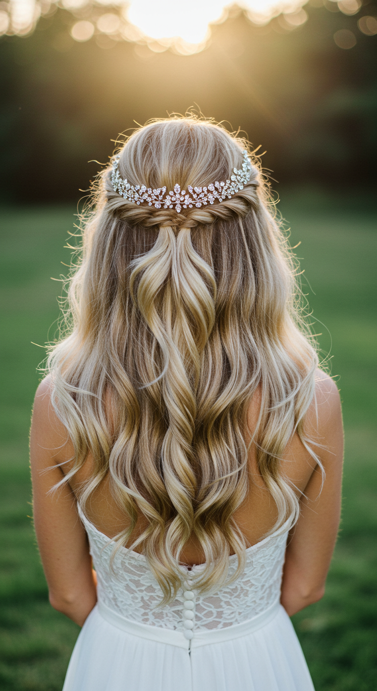 Long, Natural Waves with a Delicate Tiara Hair Down Wedding Style