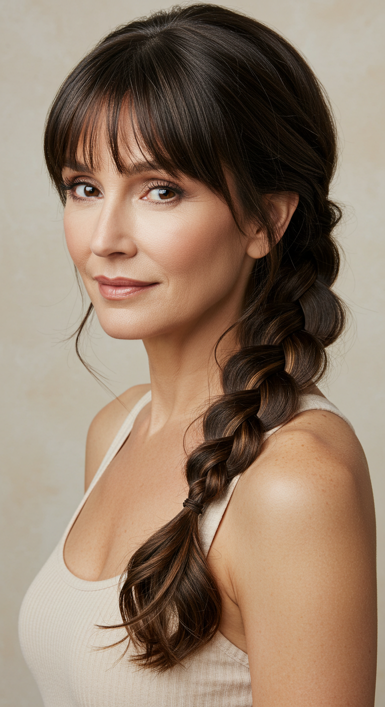 Loose Side Braid with Bangs for Older Women