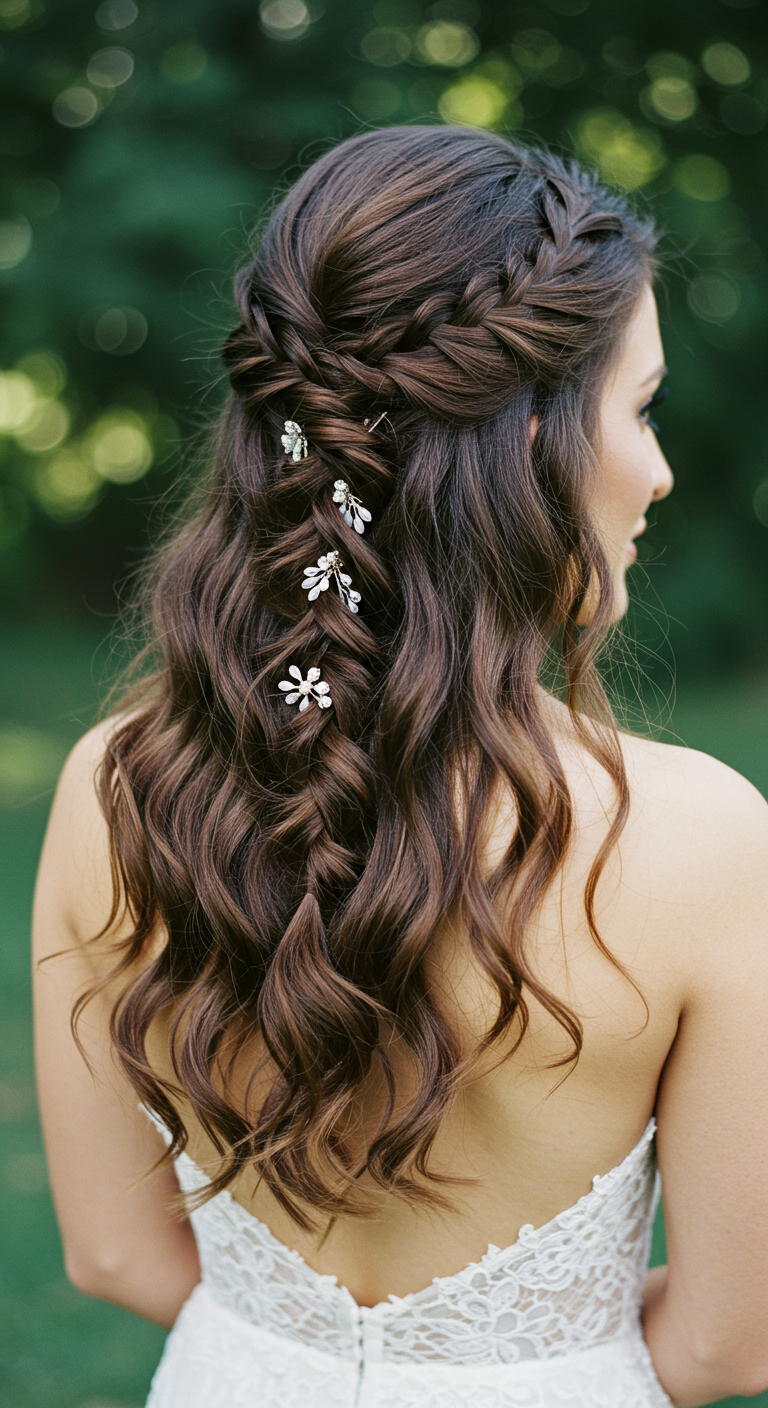Loose Waterfall Braid with Soft Curls Hair Down Wedding Look