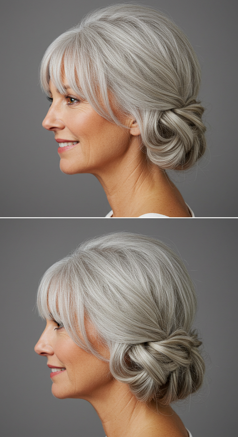 Low Chignon with Soft Bangs for Older Women