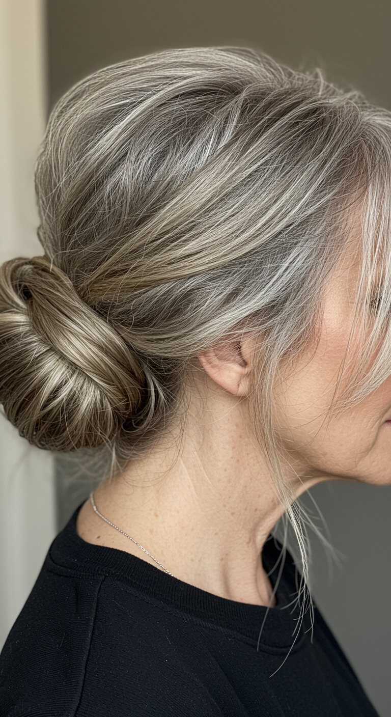 Messy Low Bun with Bangs for Older Women