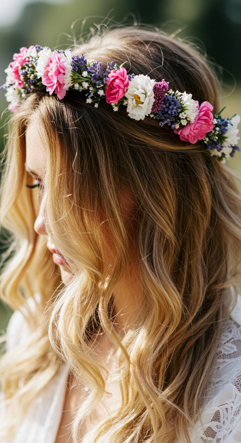 Messy Waves with a Floral Crown Hair Down Wedding Look