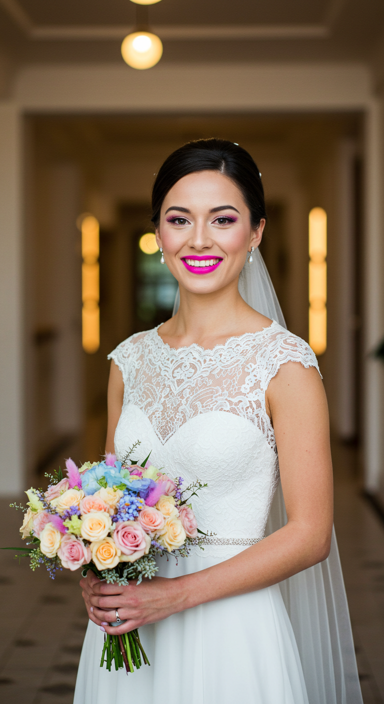 Modern Bride in Hot Pink Lipstick