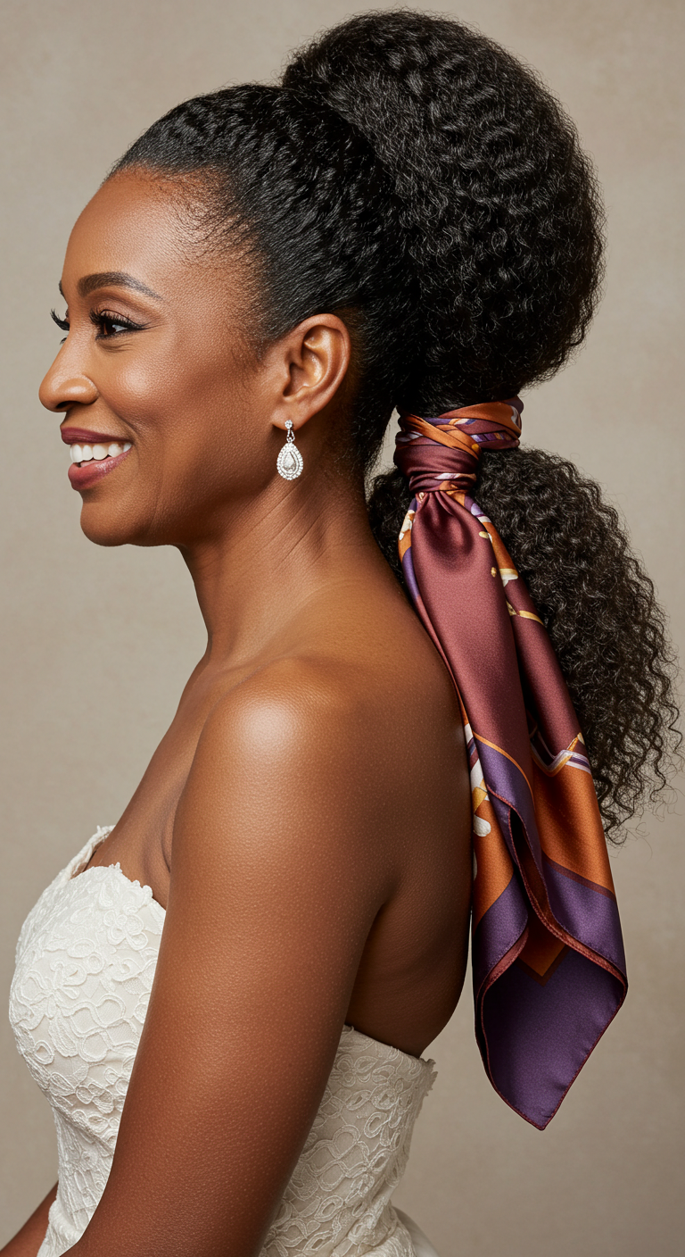 Natural Textured Ponytail with a Tied Silk Scarf – Wedding Hairstyles for Older Black Women