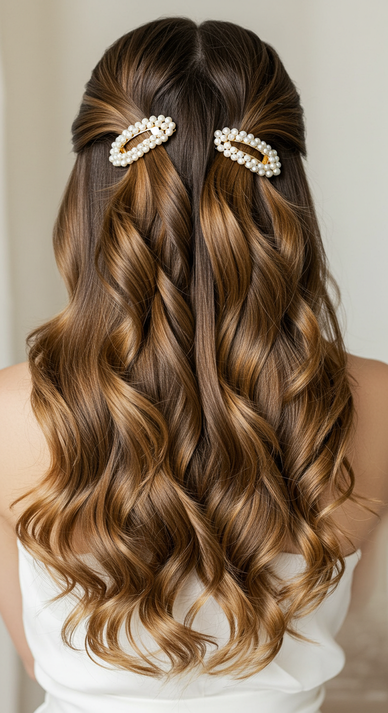 Pearl-Embellished Hair Clips with Flowing Curls