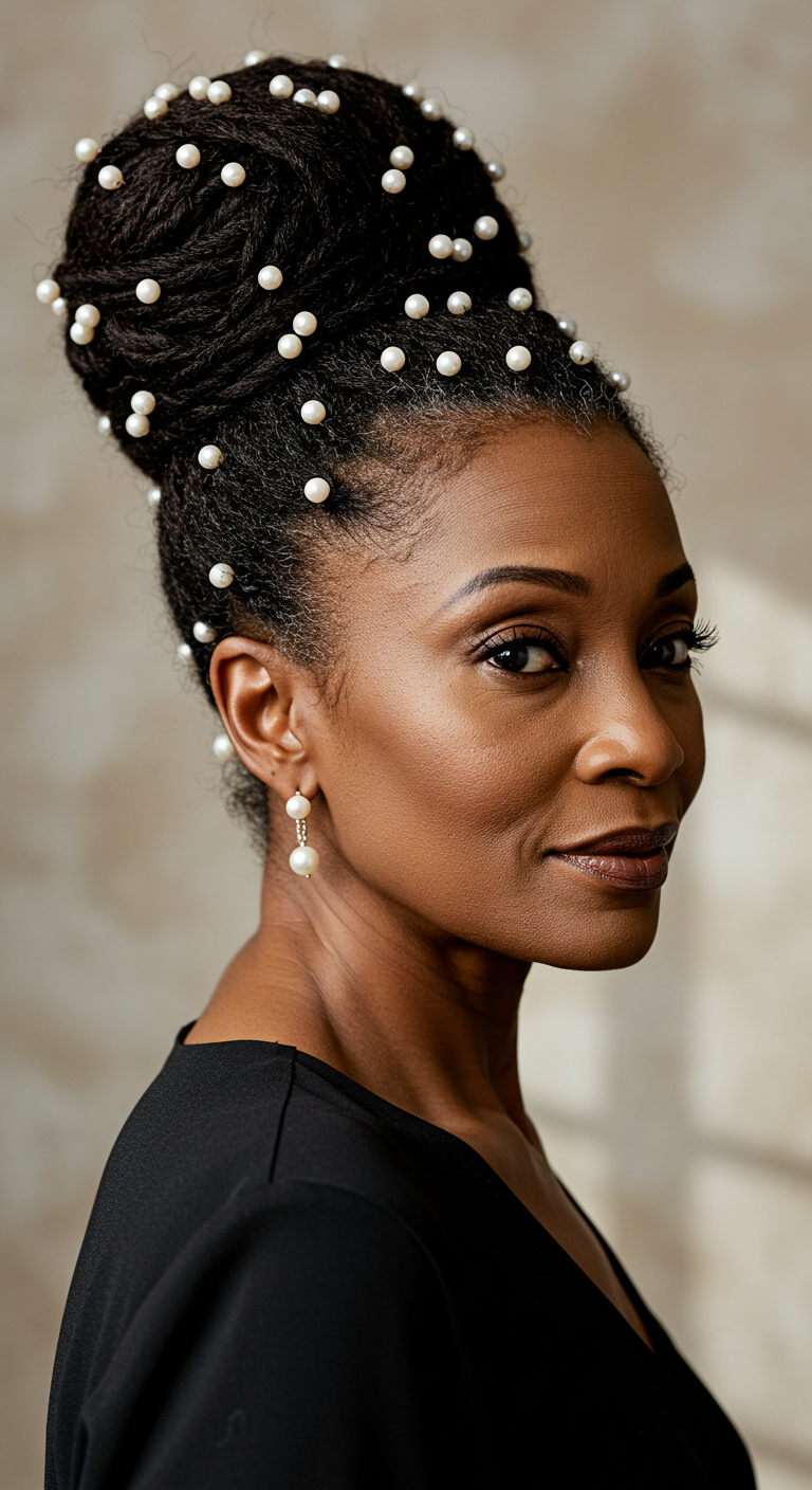Pearl-Embellished Updo for Older Black Women