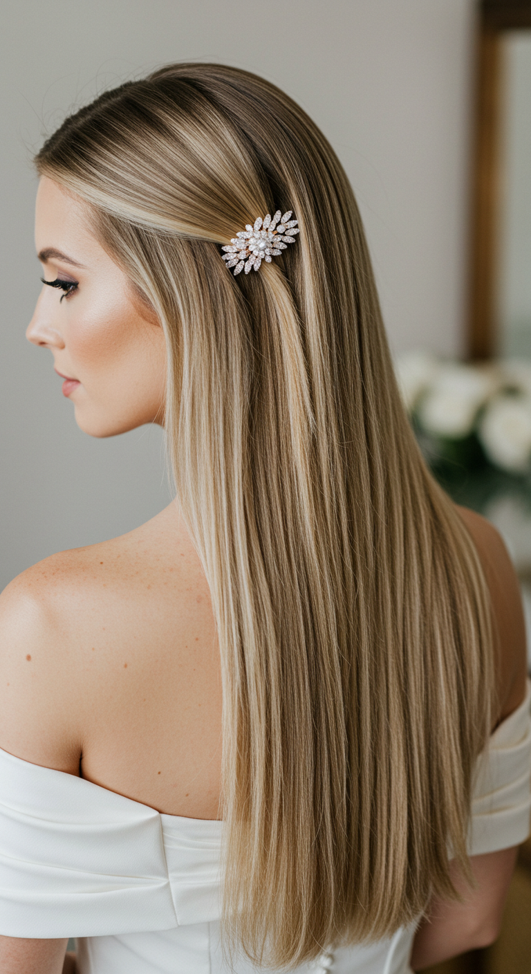 Pin-Straight Hair with a Sleek Clip Hair Down Wedding Look