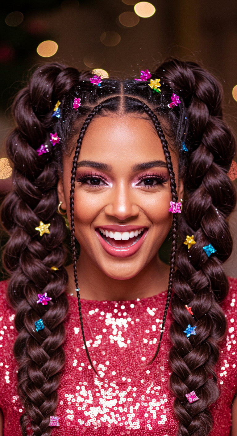 Playful High Pigtail Braids for a Fun Holiday Party