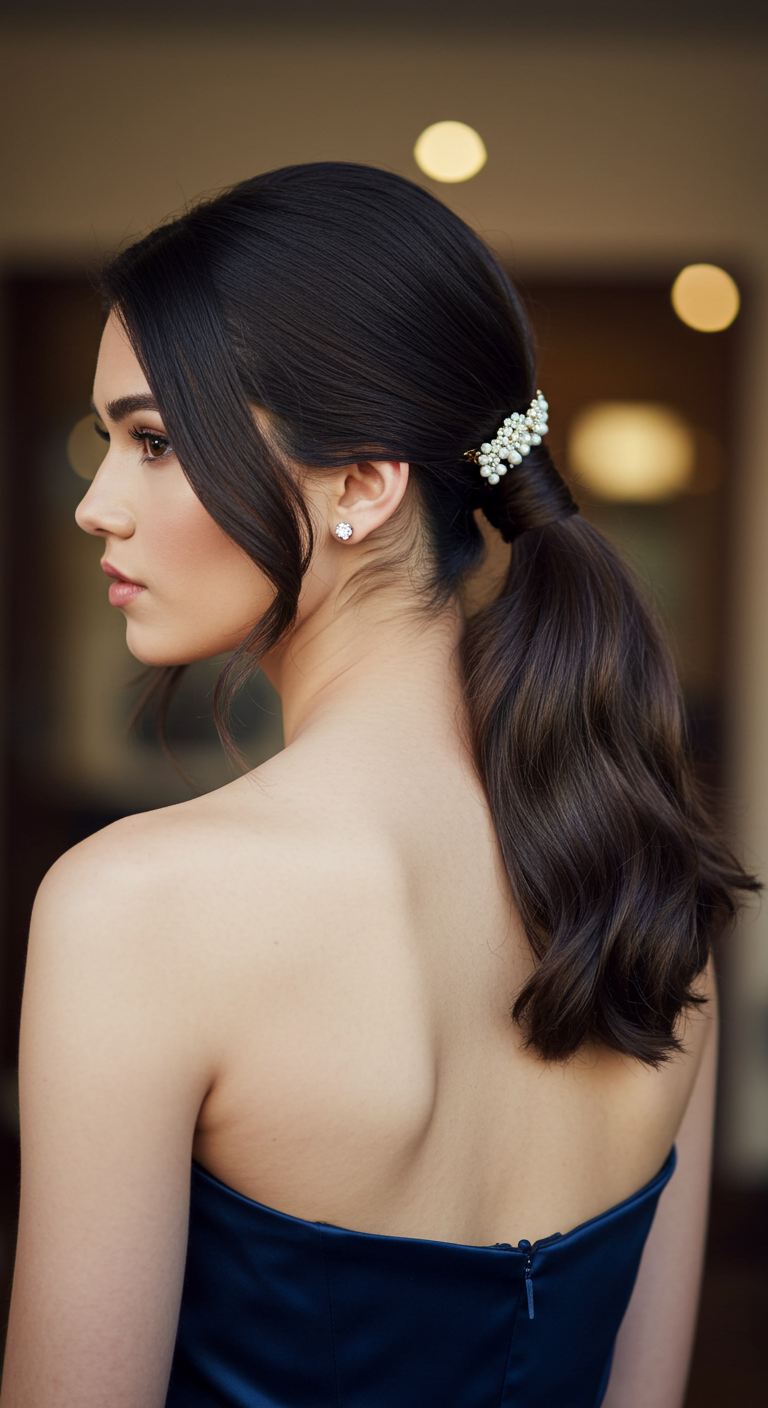 Polished Low Ponytail Prom Hairstyle for Strapless Dresses