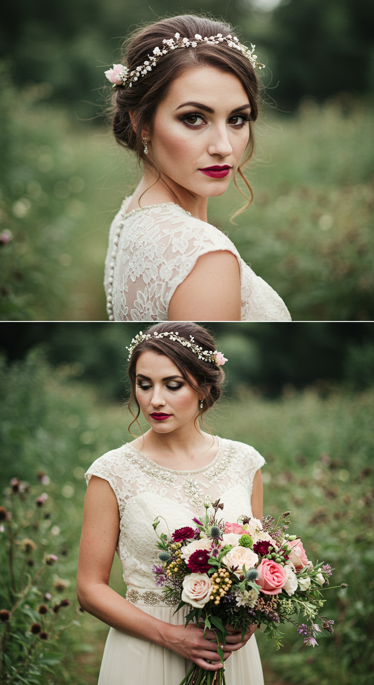Rustic Bride with Feathered Brows and Muted Rosewood Lipstick