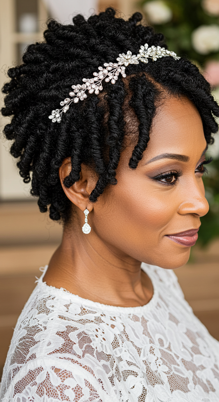 Short Finger-Coiled Pixie with a Bridal Accent – Wedding Hairstyles for Older Black Women